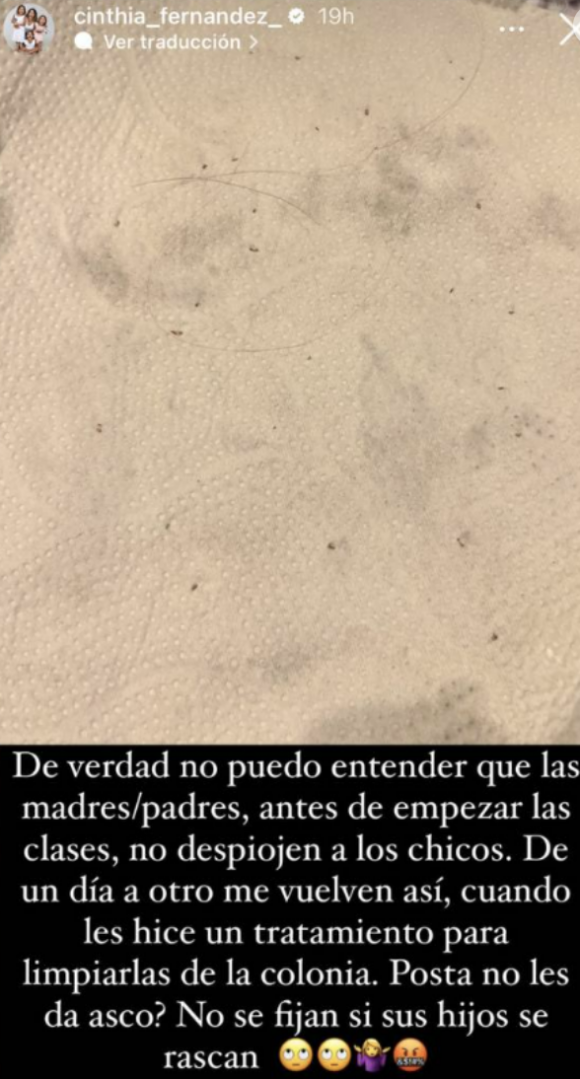 Cinthia Fernández se enojó con quienes no despiojan a sus hijos y los mandan al colegio