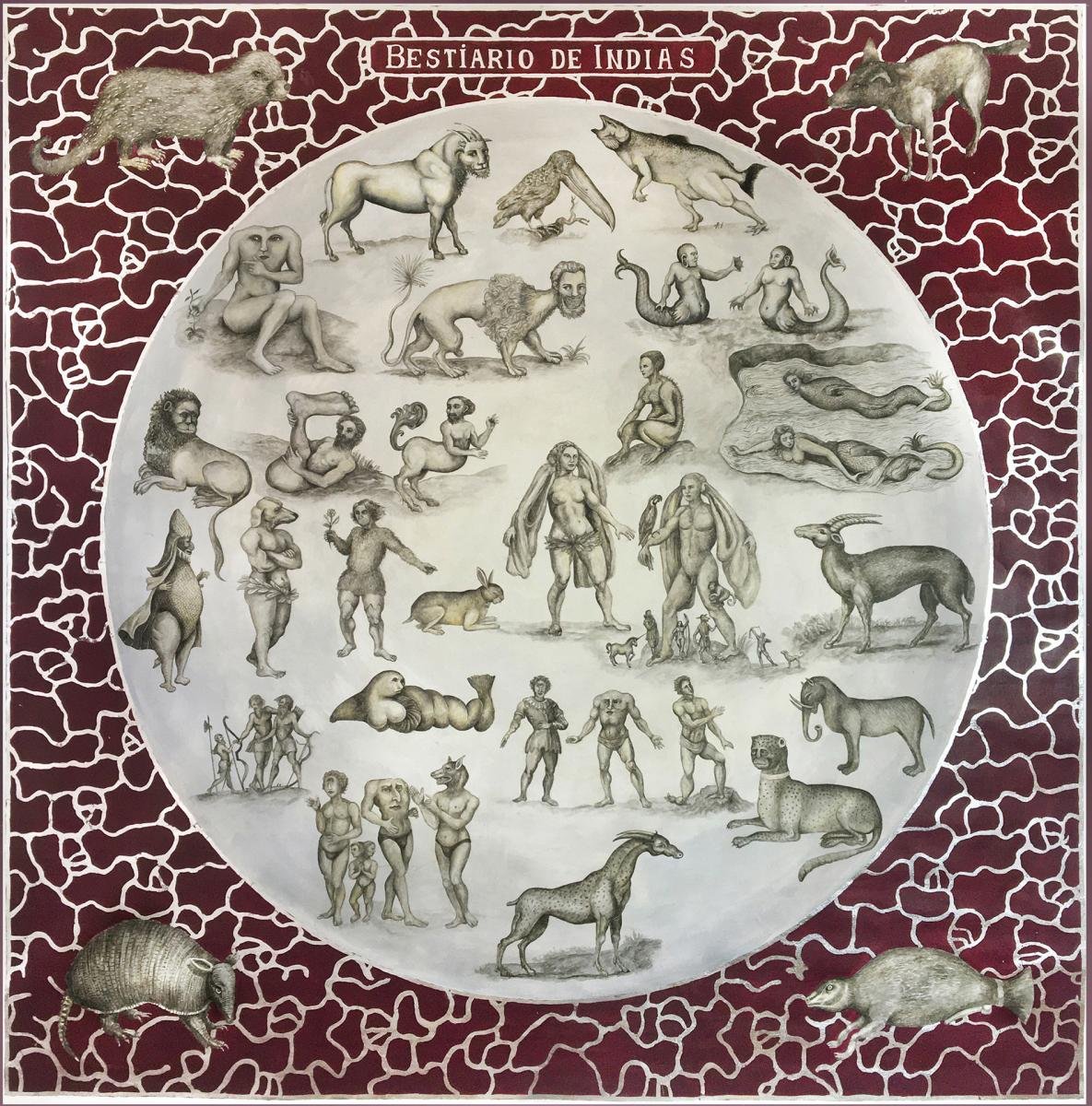 Bestiario de Indias de Adriana Bustos 2020 Acrlico gouache y hojas de plata stela 200 x 200