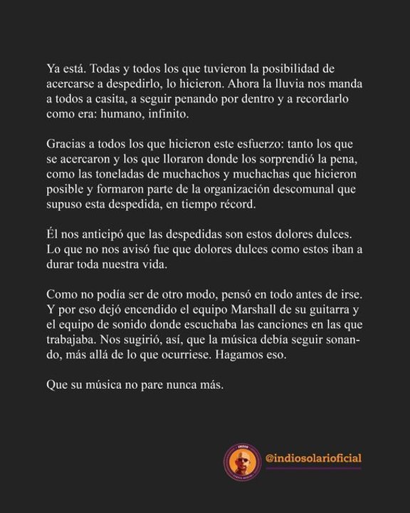 Nuevo comunicado de la familia del Indio Solari, luego de haber terminado su velatorio