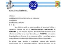 Las 62 Organizaciones piden audiencia con Llaryora