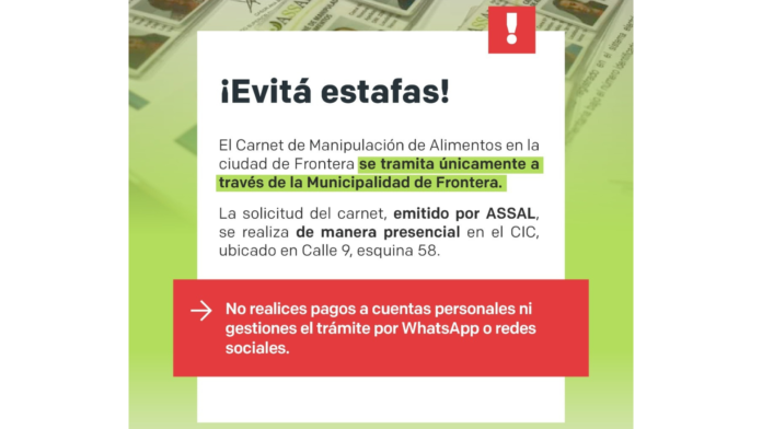 Frontera: la Municipalidad recuerda que el Carnet de Manipulación de Alimentos se tramita solo por los canales oficiales