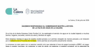 La Municipalidad de La Calera responsabilizó al gobernador Llaryora por la falta de agua en la ciudad