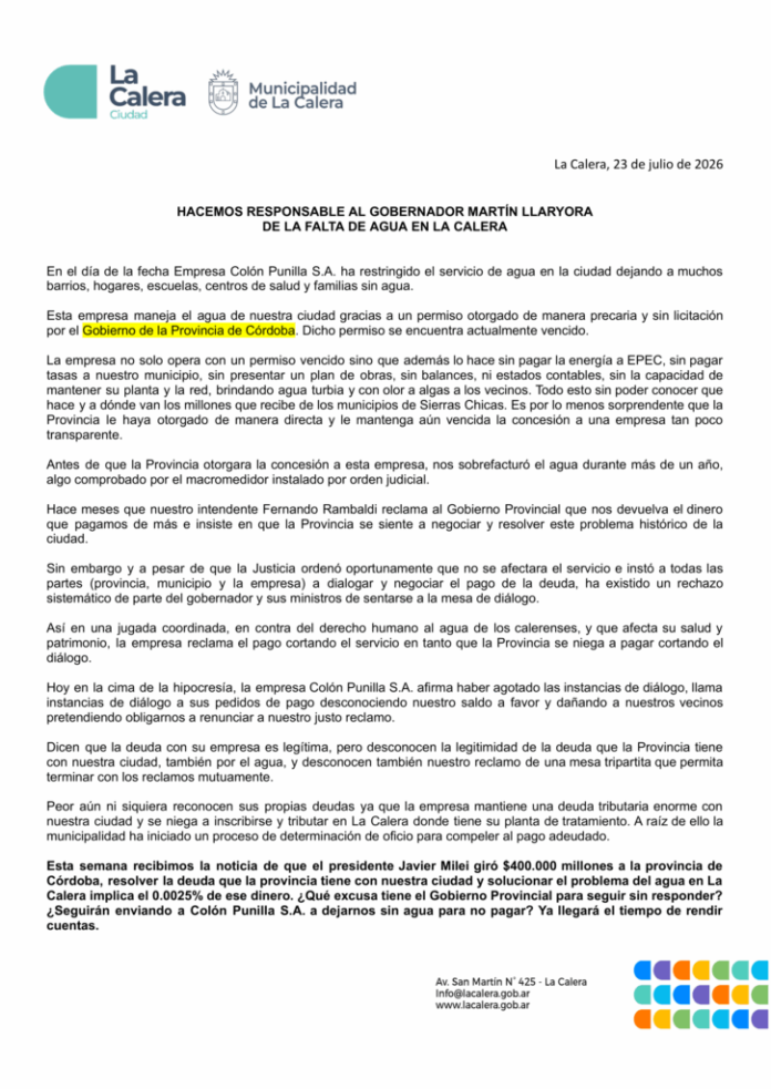 La Municipalidad de La Calera responsabilizó al gobernador Llaryora por la falta de agua en la ciudad